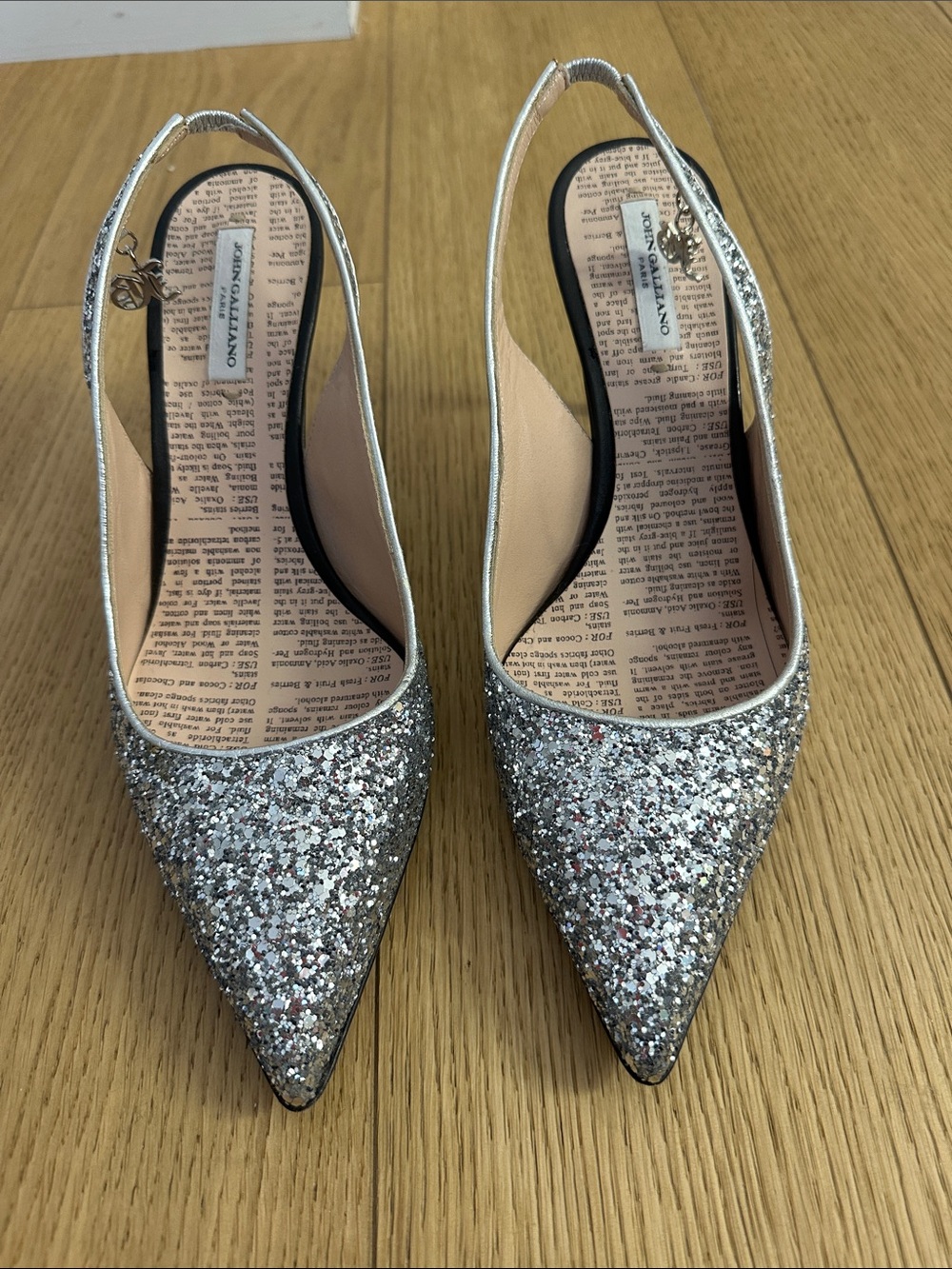 John Galliano Silver Glitter Pointed Slingback Heels